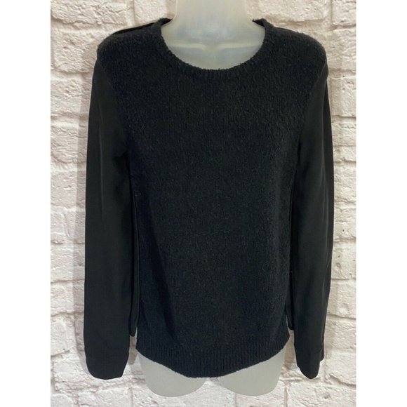 Theory Tops - THEORY Top Womens P Fuzzy Wool‎ Front Silk Back Black Mixed Media Shirt 9535